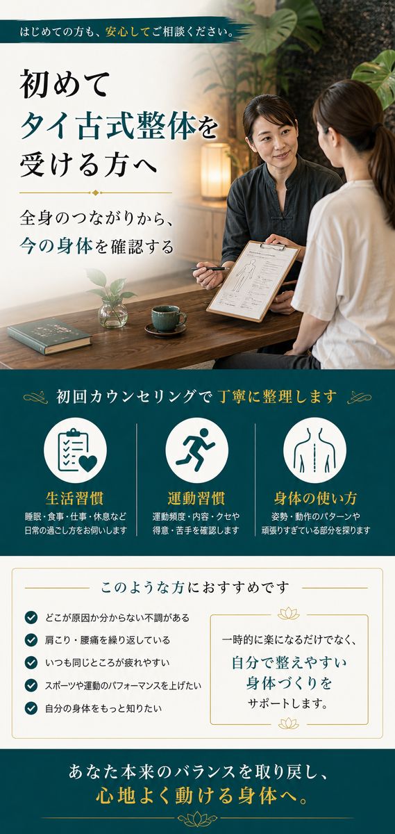 初めてタイ古式整体を受ける方が身体の反応を確認する画像
